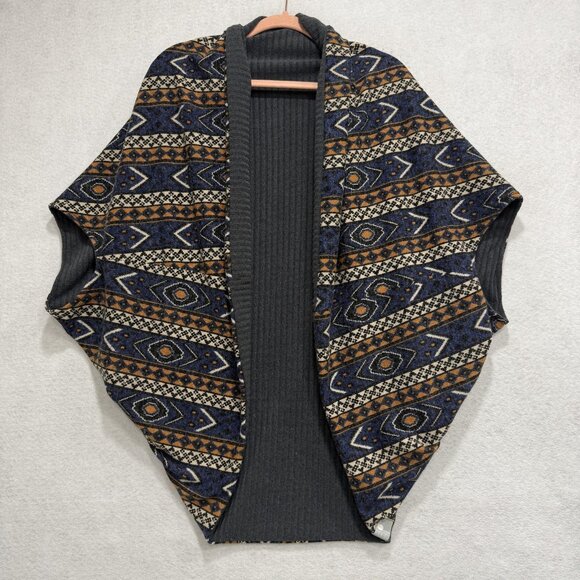 Bodhi Shawl Collar Cocoon Cardigan Womens Gray Aztec Knit Sleeveless Poncho Wrap - Picture 1 of 8